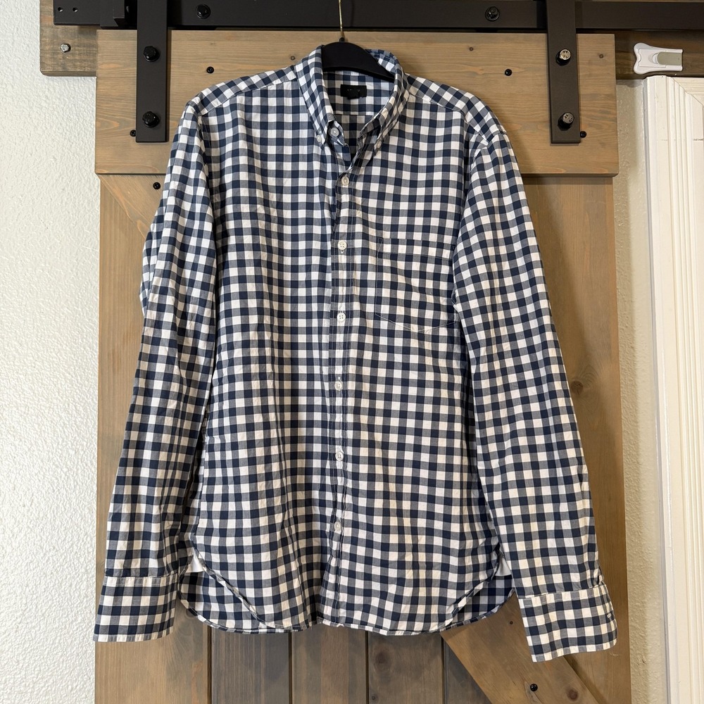 J Crew Shirt Mens Medium Blue White Gingham Check Button Front Cotton Casual